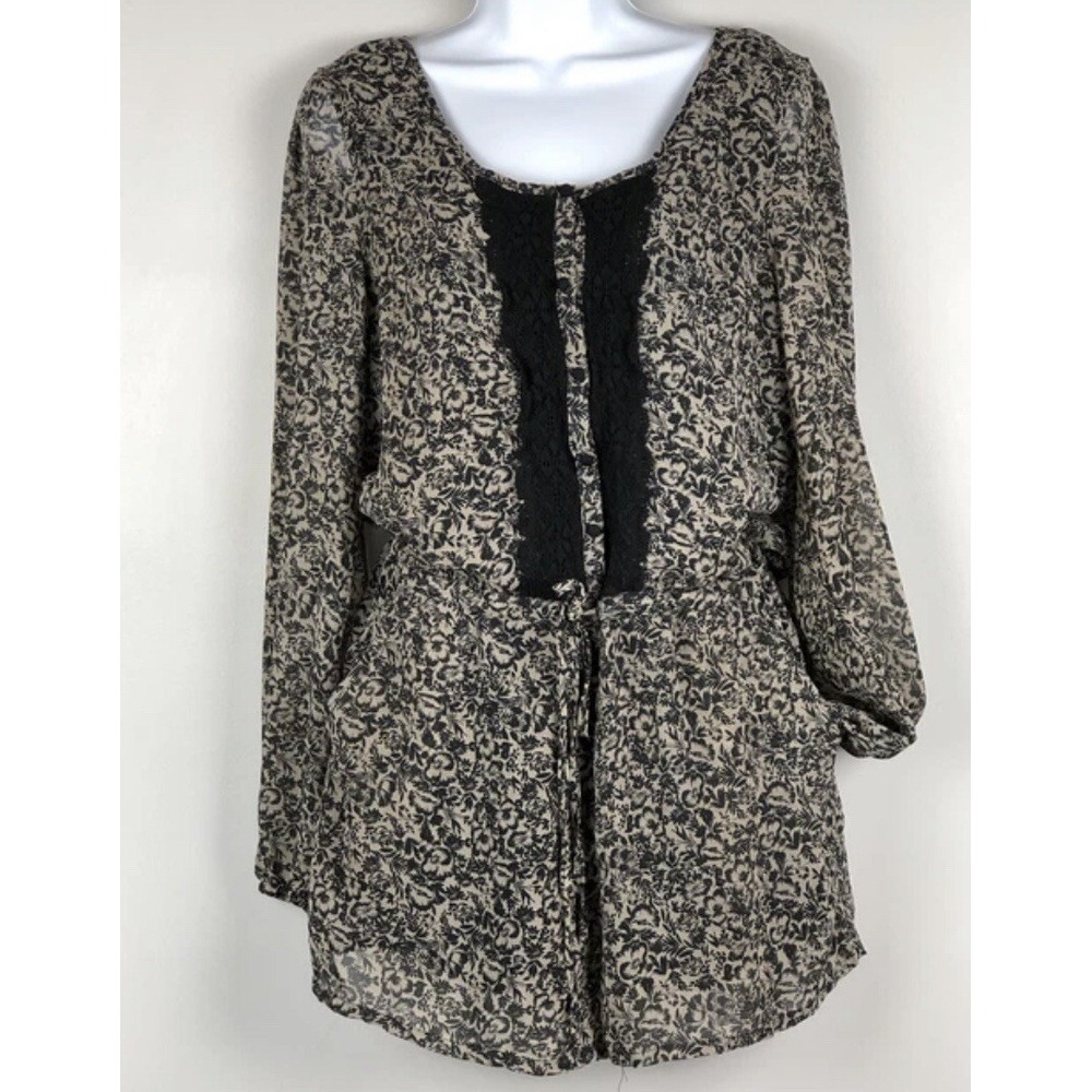MISS ME Womens Romper Taupe Black Floral Long Sleeves Pockets Sheer Lined XS NWT